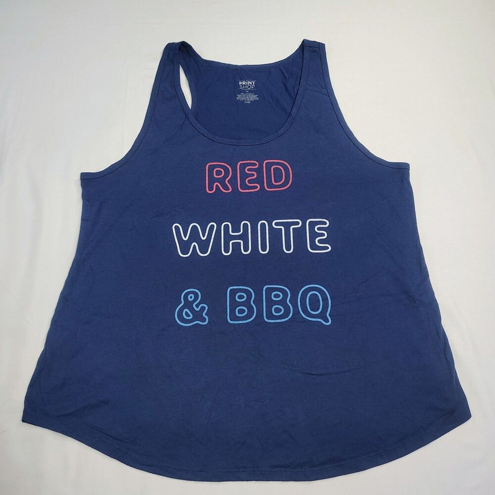 Red White & BBQ Tank Top Sz 1X Navy Patriotic Americana July 4th Memorial Day